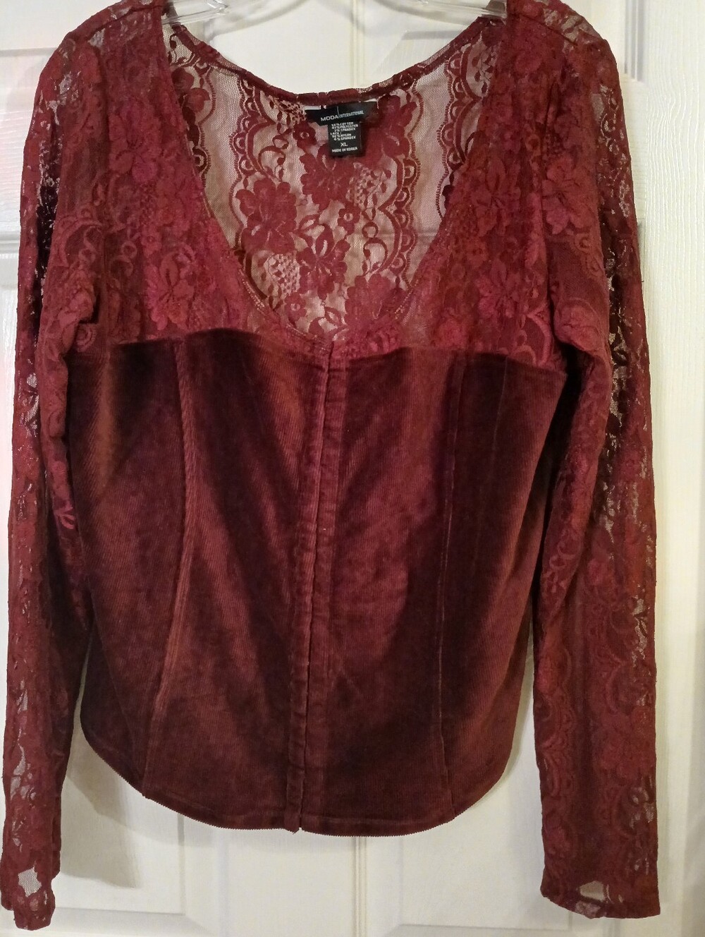 Vintage Moda International Y2K Velvet & Lace Corset-Style Blouse – Burgundy/Wine
